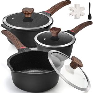VINCHEF Sauce Pan Set with Lid 10PCS, 2QT+3QT+4QT Non Stick Sauce Pots Cooking Induction Pot set, Silicone Tools and Pot Protectors, PFAS and PFOA Free Black