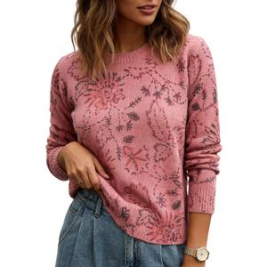 MINSURE Women's Floral Print Sweater Crew Neck Long Sleeve Soft Knit Pullover Tops for 2026 Spring Casual Wear (Pink, M)