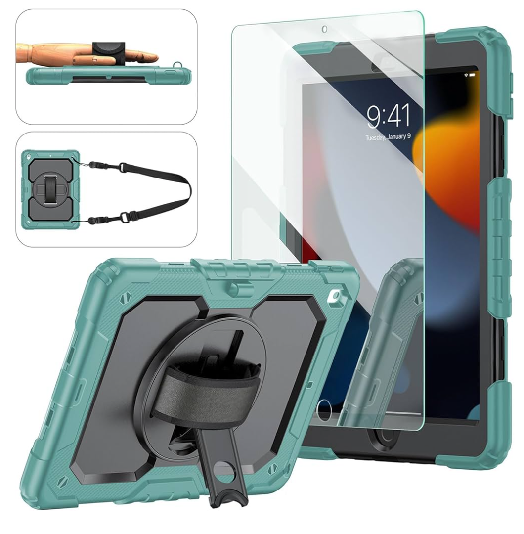Ambison Case for iPad 9th/8th/7th Generation 10.2'' 2021/2020/2019, [Kid Proof] Full Body Protective Case with 9H Tempered Glass Screen Protector, 360° Rotatable Kickstand & Hand Strap (Teal & Black)