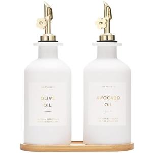 HOMCDALY Olive Oil Dispenser for Kitchen, 11.8oz Glass kitchen Dispenser Bottle, Gold Oil&Vinegar Cruet Set, Leakproof Oil Containers for Cooking| Set of 2 (11.8oz – Gold)
