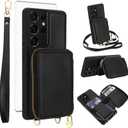 Phone Case for Samsung Galaxy S21 Ultra 5G Wallet Cell Cover with Tempered Glass Screen Protector Crossbody Strap Lanyard RFID Blocking Credit Card Holder S21ultra 21S S 21 21ultra G5 Women Men Black