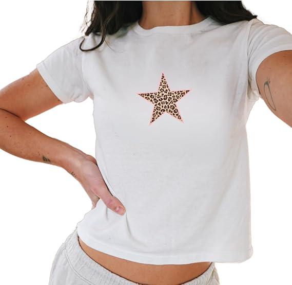 Cheetah Print Star Baby Tee, Y2K Baby Tee, 90s Crop Top Tshirt, Lepoard Print Shirt Y2k, Teenage Girl Gifts, Fitted Shirt (Medium)