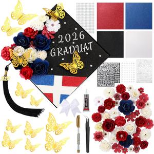 WinnerWhy 50Pcs DIY Dominican Republic Flag Graduation Cap Decorations 2026 Handmade Dominican Republic Grad Hat kit Included Faux Flower Heads 3D Butterfly Stickers for Craft Graduation Cap Topper
