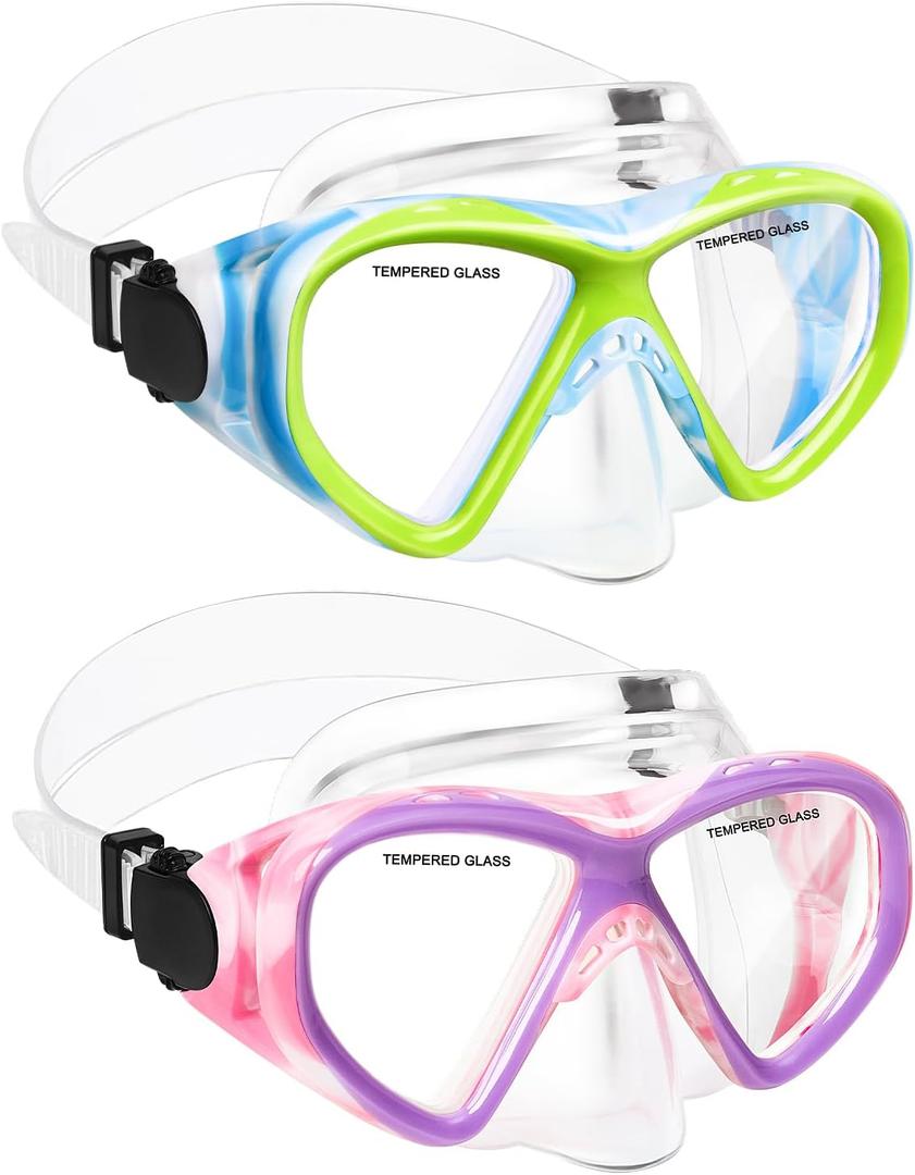 Kids Swim Goggles Snorkel Diving Mask for Boys Girls Ages 5-15, Two-Color Anti-Fog Swimming Goggles with Nose Cover (2PCS Blue Yellow&Pink Purple)
