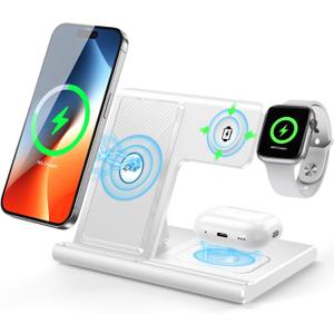 EXW Charging Station, 3 in 1 Charging Station for Apple Devices, Wireless Charger Stand for iPhone 17 Air 16 15 14 13 12 11 Pro Max XR XS 8, Apple Watch and AirPods(18W Adapter Not Included) (White)