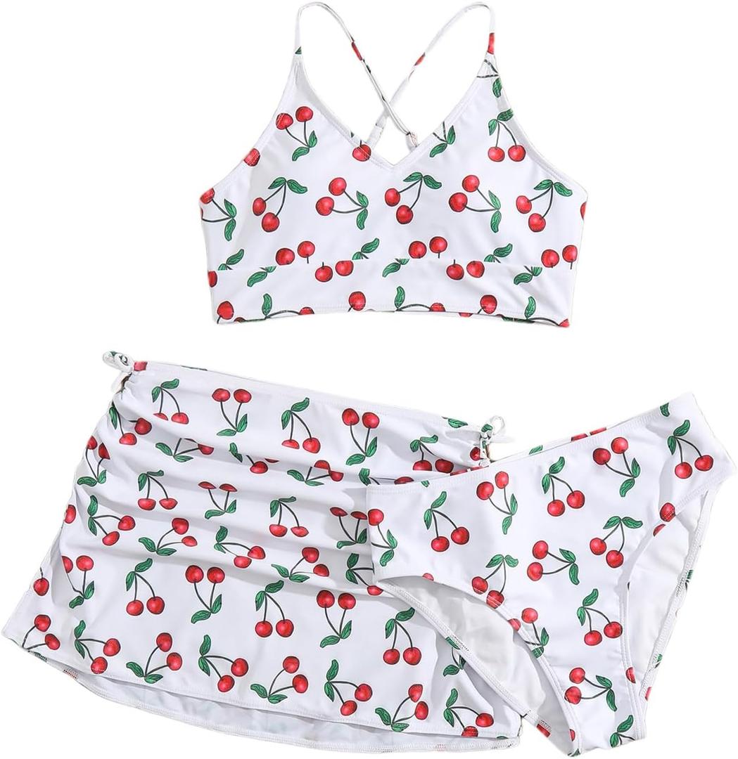 Floerns Girl's 3 Piece Swimsuit Cherry Print Cute Bikini Set with Cover Up Skirt (White Multi)
