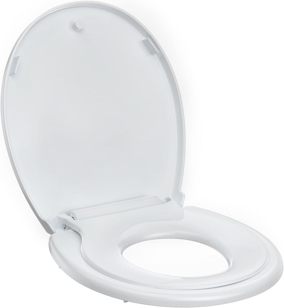 White Round Toilet Seat with Toddler Seat PP Quick Release Potty Training Toilet Seat Cover, White 2-in-1 Design for Children & Adult Toilets 