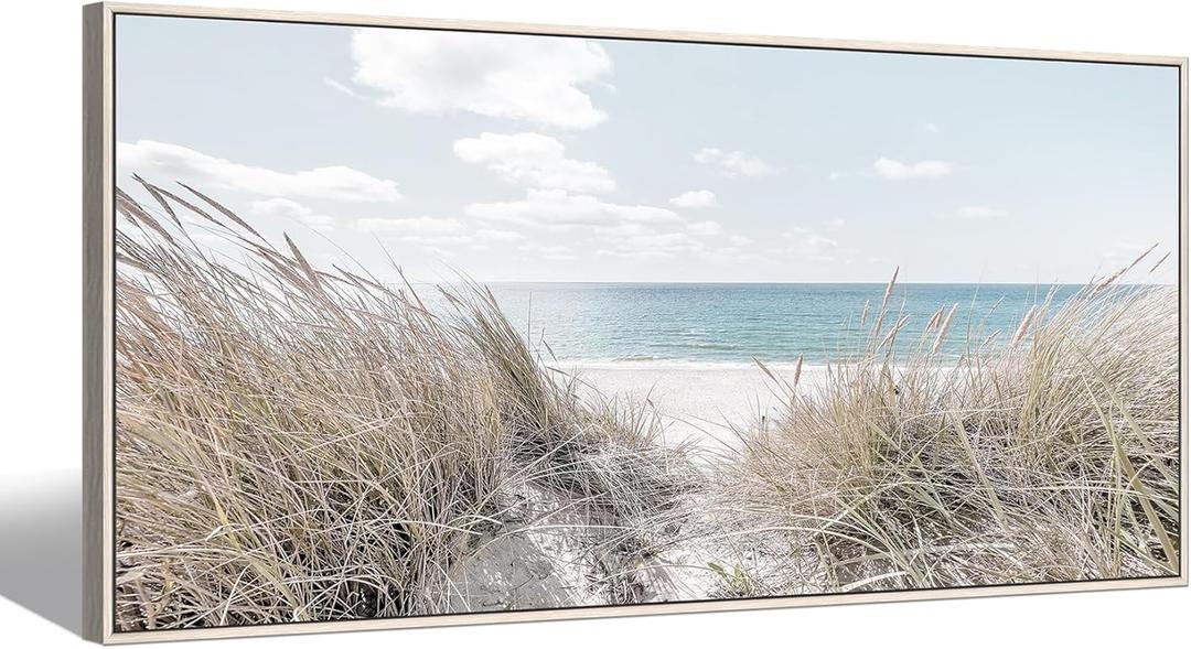 Beach Canvas Framed Wall Art: Large Coastal Seascape Picture Decor Ocean Scene Sea Print Painting Modern Seaside Seashore Grass Artwork for Bedroom Living Room Office (57"L x 27"W)