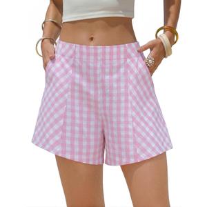 EXLURA Womens Cotton Boxer Shorts Faux Linen Gingham Shorts Summer High Waist Plaid Y2K Beach Bottoms Vacation Outfits 2026 (Pink, L)