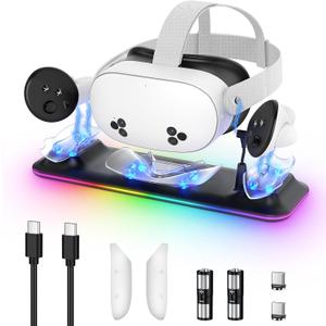 Charging Dock for Meta Quest 3S/3, Kinwin Magnetic Charging Station for Oculus Quest 3S/3 Accessories with RGB Light, Charging Stand for VR Headset & Controller with 2 Rechargeable Batteries (Black)