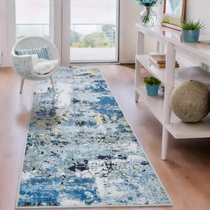 2'x6' Runner Rugs for Hallways Kitchen Runner - Washable Runner Rug with Non Slip Rubber Backing, Soft Abstract Carpet Long Hallway Runners for Bedroom, Bathroom, Enterway (Blue)