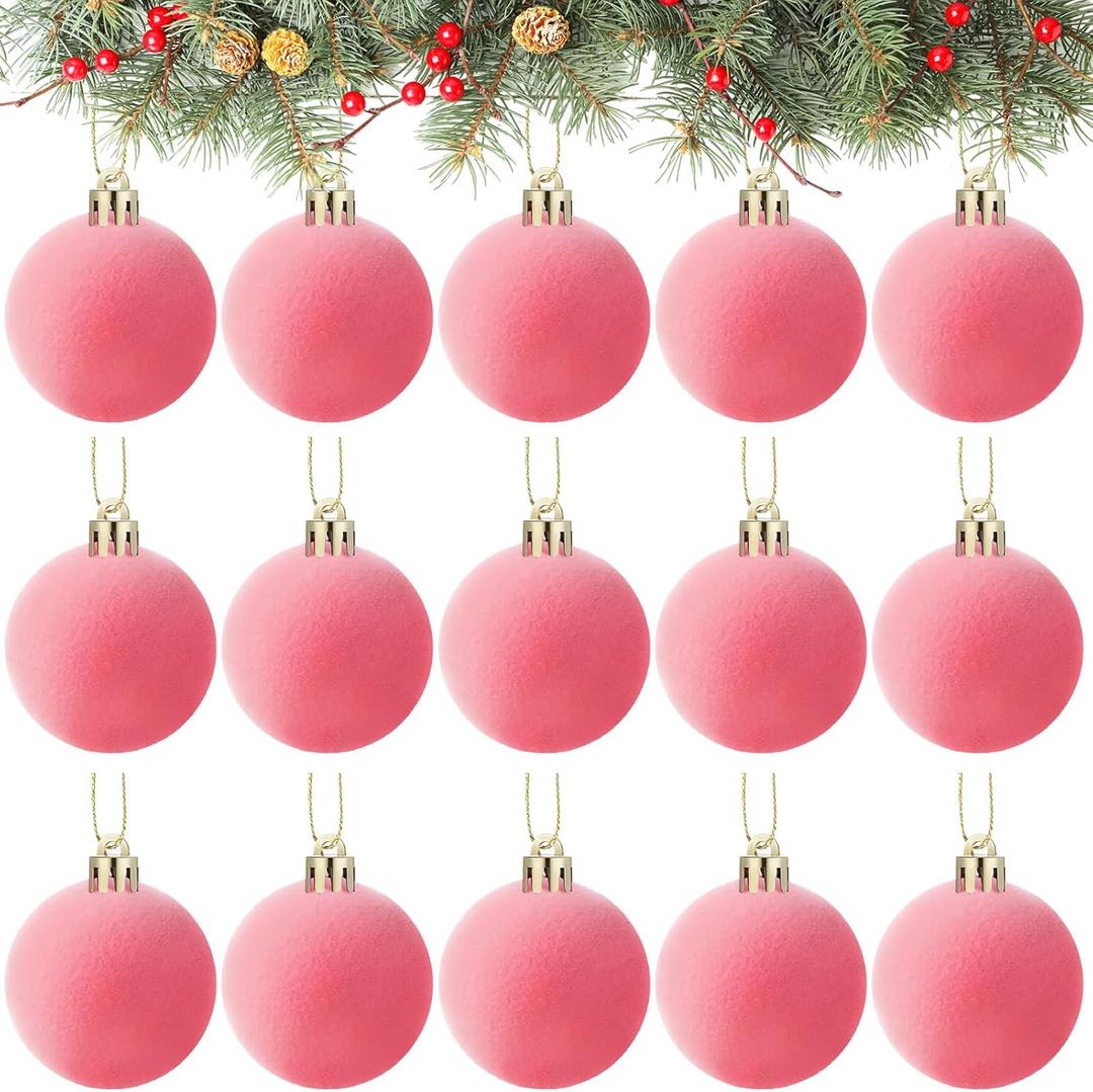 Menkxi 15 Pcs Christmas Velvet Balls 1.97 Flocked Christmas Hanging Ornaments Handmade Velvet Balls Xmas Tree Ornaments Xmas Tree Bulbs for Wedding Anniversary Party (Pink)