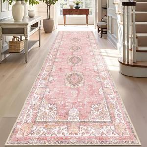 Washable Runner Rug 2'x8',Pink Rug Runners Non Slip,Long Boho Rugs for Hallways Kitchen Bathroom Bedroom Entryway,Vintage Bohemian Distressed Floor Carpet,Blush Floral Flowers