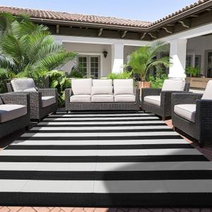 Outdoor Rug 8 x 10 ft, Reversible Plastic Straw Rug for Patio, Waterproof Large Outdoor Carpet for RV, Patio, Camping, Backyard, Deck, Picnic, Beach, Black & White