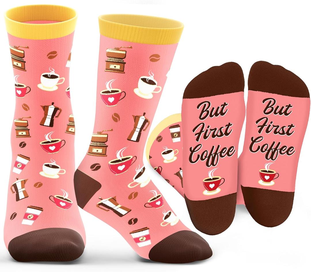 ZAGKOO Funny Food Gifts for Men, Women - Coffee, Pizza, Tacos, Bacon, Ice Cream Novelty Socks - If You Can Read This Socks (Pink and Brown)