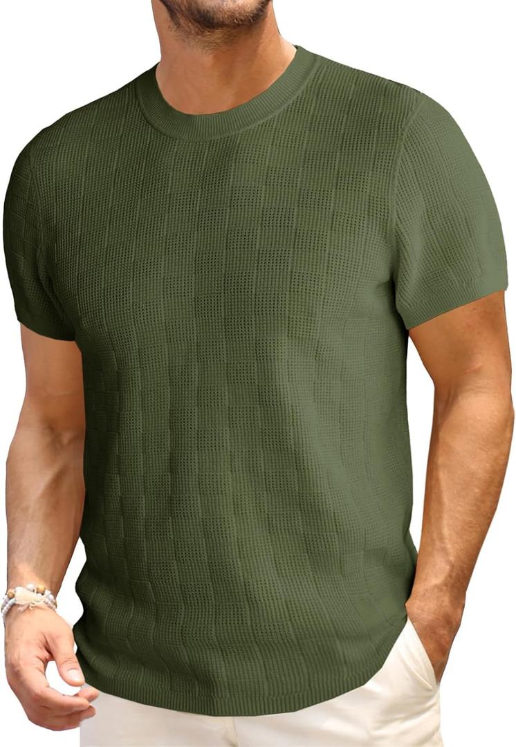 Runcati Mens Knit Short Sleeve T-Shirts Casual Crewneck Cotton Stretch Pullover Tees Summer Textured Tops, XX