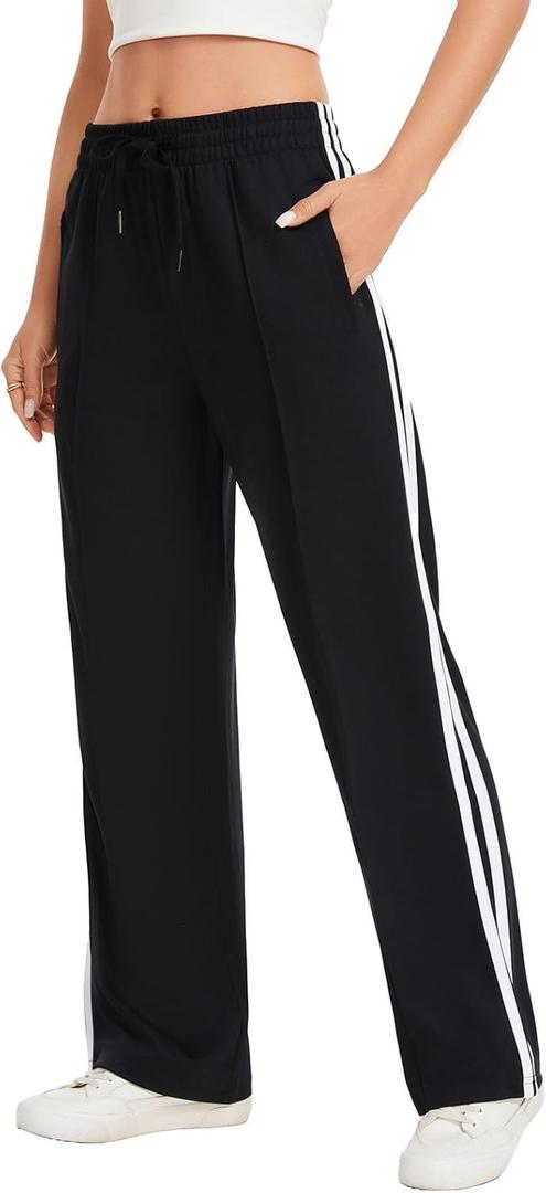 Sythyee Womens Track Pants with Zipper Pockets – Loose Straight Leg Sweatpants, Athletic Joggers for Running, Workout Casual & Lounge, Black/ White M, 34" Inseam