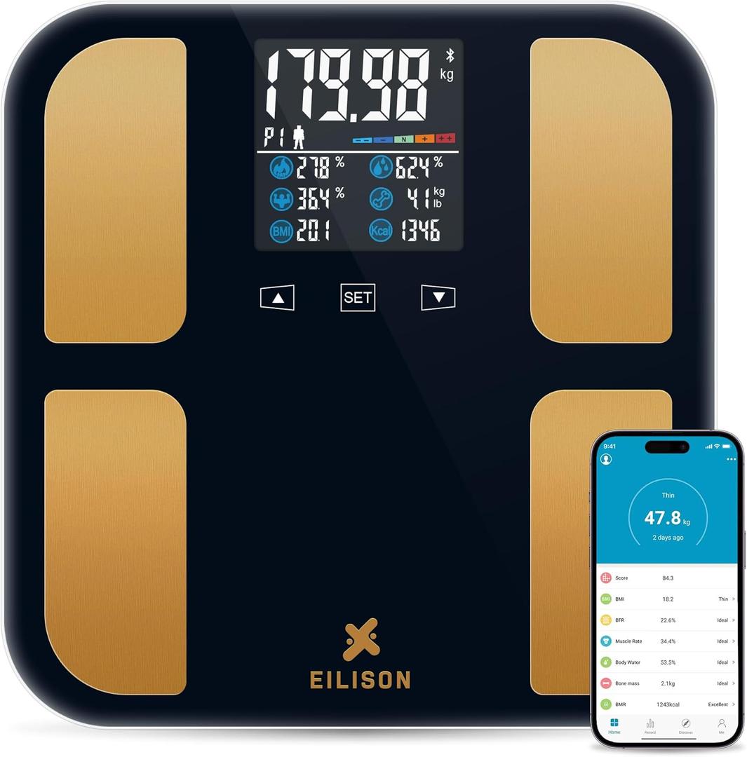 EILISON Highly Advance 2-in-1 Digital & Analog Weighing Scale for Body Weight-400lbs, 4 High Precison GX Sensor Accurate, Thick Tempered Glass, Extra Large Display (red) (Smart Black)