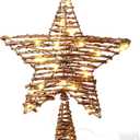 Threan Christmas Rattan Star Treetop, 14 Inch Burlap Rattan Star Tree Topper with Warm Lights Rustic Xmas Treetop Decoration for Christmas Tree Ornament Home Party Indoor (10 Lights)