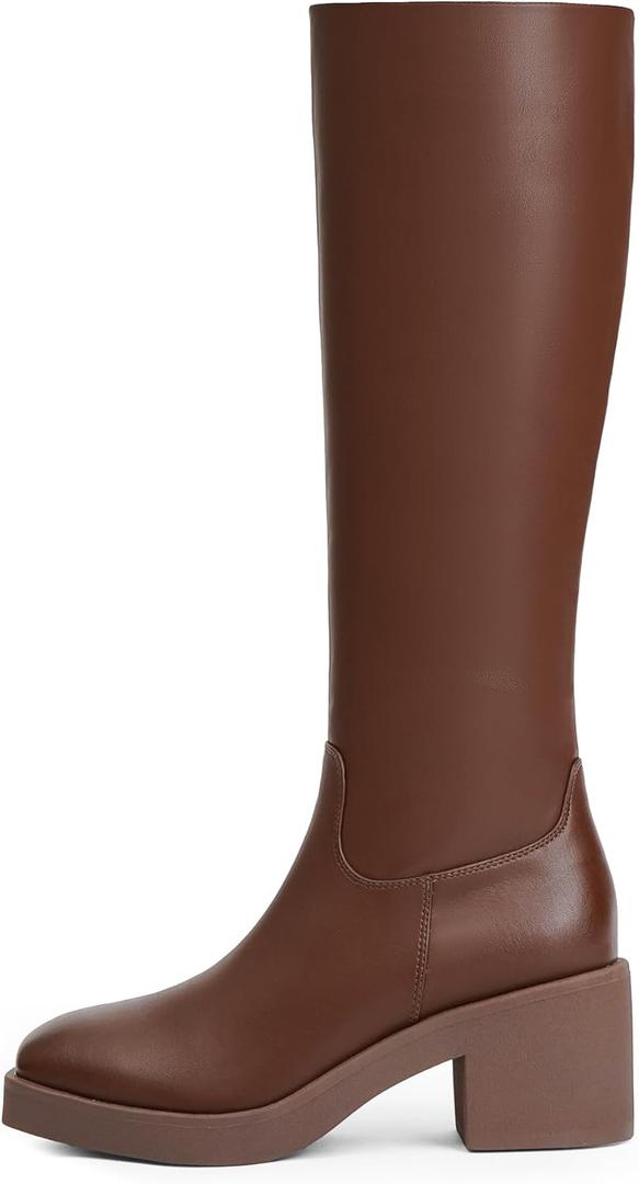 Modatope Platform Knee High Boots Square Toe Chunky Heel Boots for Women Side Zipper Block Heel Womens Heeled Boots (Brown)
