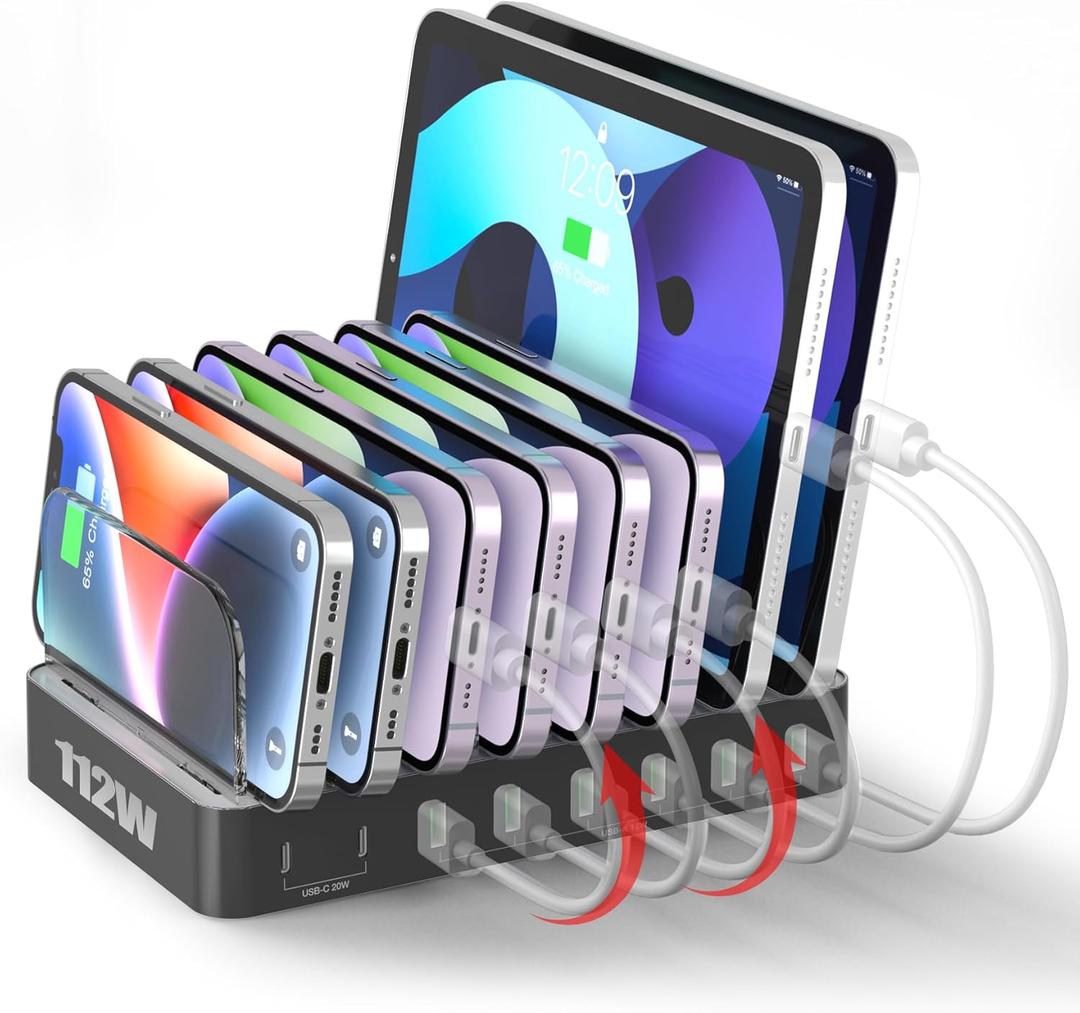 Unitek 8 Port USB Charger Dock - 2 PD 20W USB-C + 6 USB-A Ports Fast Charging Station for iPhone, iPad, Samsung Devices - Black Multi Tablet Holder & Organizer