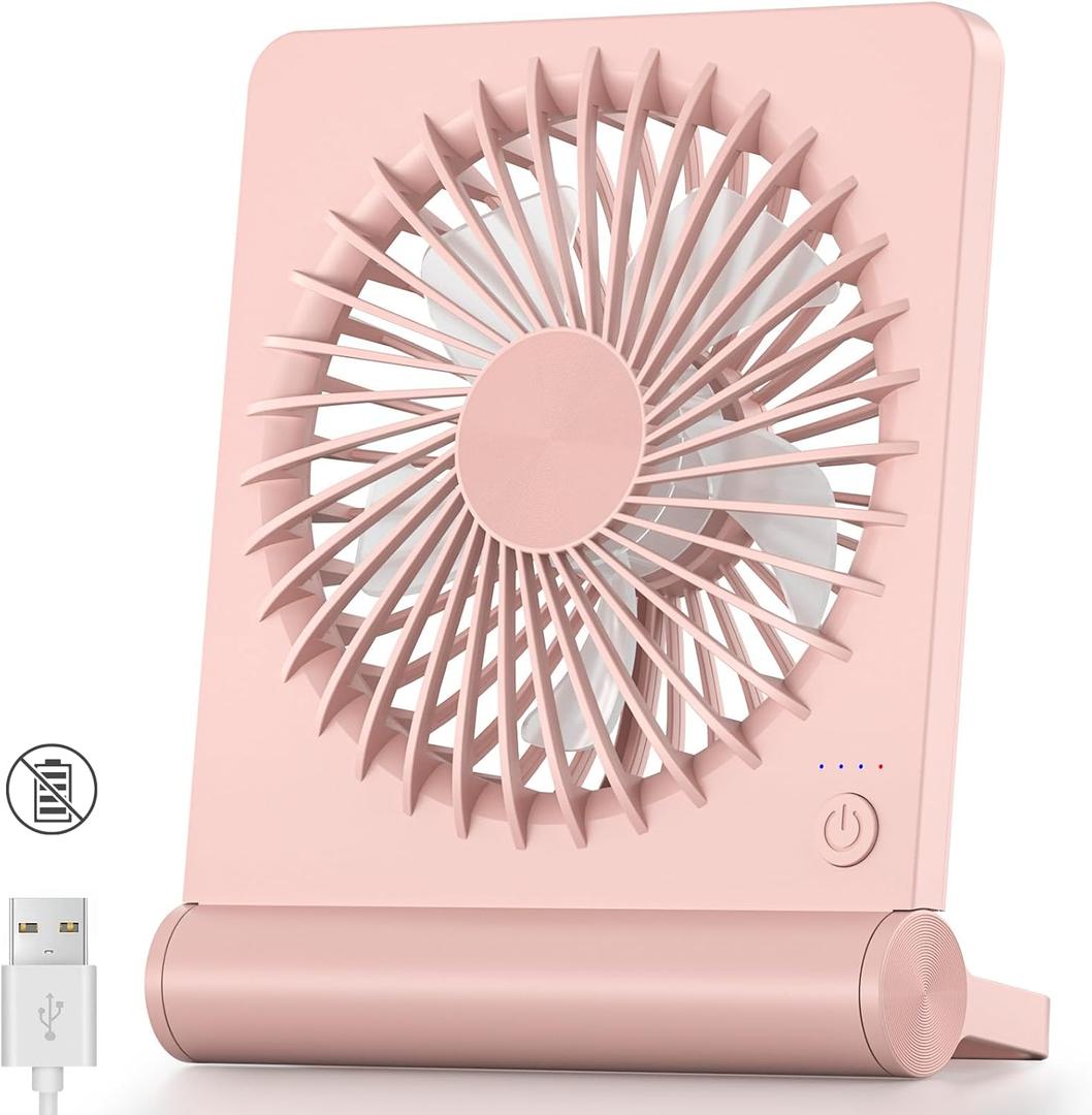 Koonie USB Fan, Strong Wind Ultra Quiet Small Desk Fan 220 Tilt Folding 3 Speeds Adjustable USB-C Powered Personal Fan for Home Office Desktop, Pink, NO BATTERY (5.7 inch)