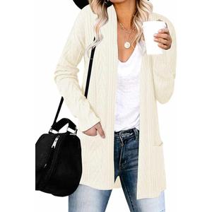 MEROKEETY Women's Casual Long Sleeve Open Front Cable Knit Cardigans Lightweight Solid Color with Pockets, S