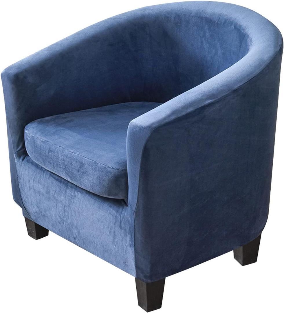 MIFXIN 2 Pieces Velvet Tub Chair Covers with Cushion Cover Stretch Soft Removable Tub Chair Slipcovers Armchair Sofa Couch Furniture Protector Cover for Living Room Club Bar Counter (Navy Blue)