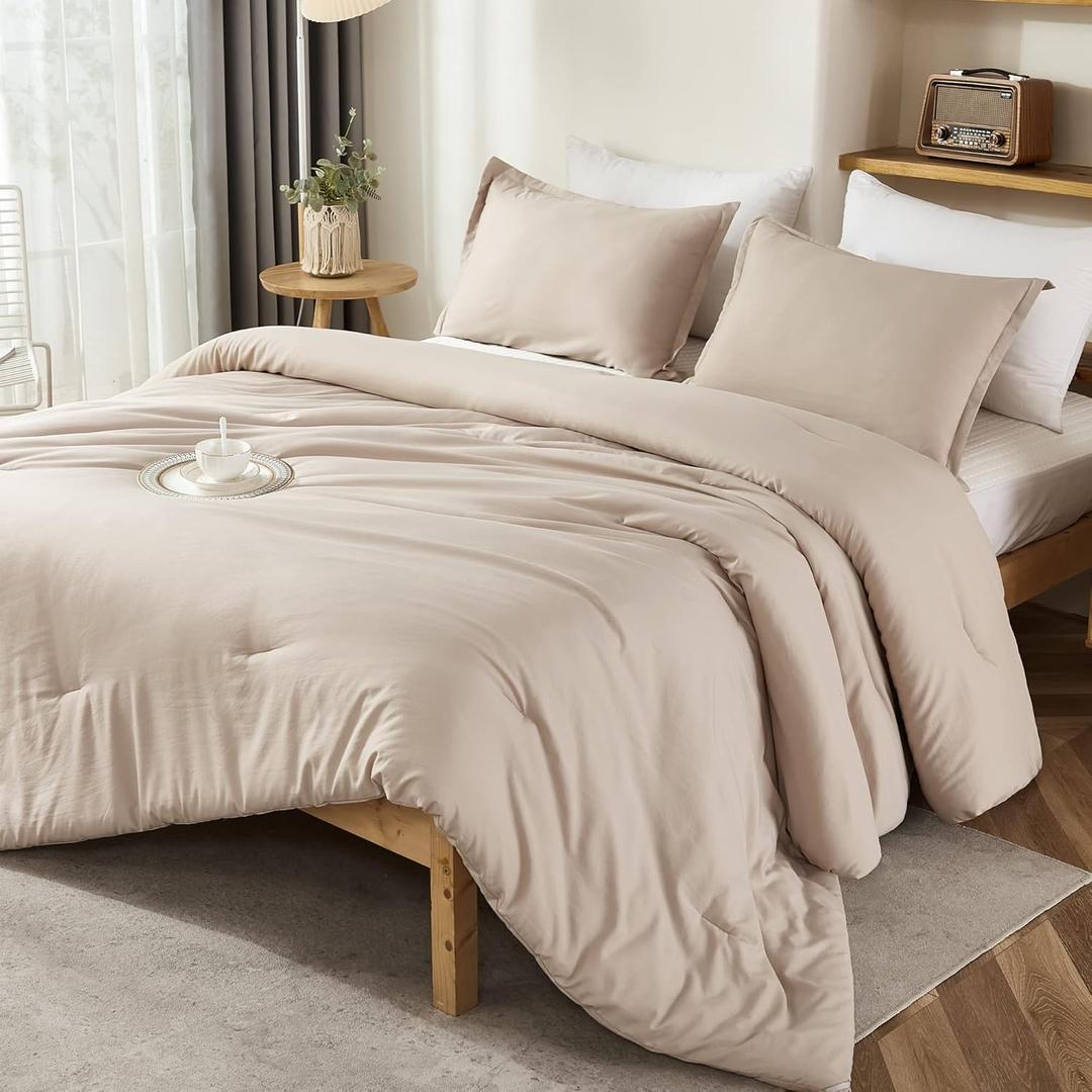 Litanika Khaki Comforter Set King Size, 3 Pieces Solid Bedding Comforter Set, All Season Down Alternative Bed Set (104x90In Comforter & 2 Pillowcases)