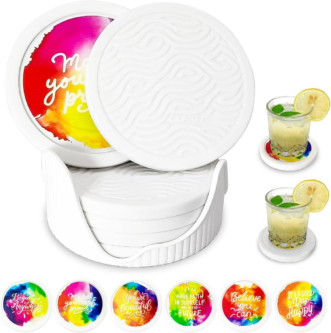 6-Pack Waterpaint Greeting Silicone Coasters with Deep Tray Holder - Double-Sided Drink Coasters - Beverage Mats for Hot or Cold Drinks - Thick, Non-Slip, Non-Stick Silicone with Ceramic Insert (White-2)