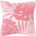 Embroidery Throw Pillow Cover 18x18 Home Decor Floor Pillow Cover for Couch Sofa Chair 100% Cotton Loop Embroidered Pink Tropical Leaves Cushion Cover Square Pillowcase 45x45cm, 1 Piece
