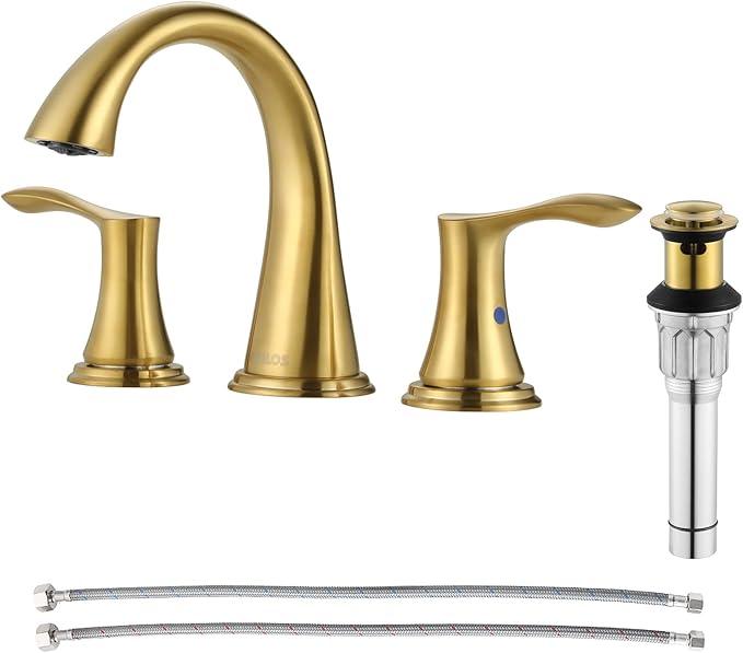 PARLOS Widespread Bathroom Faucet 2 Handles with Pop Up Sink Drain and cUPC Faucet Supply Lines, Brushed Gold, Demeter 1364708