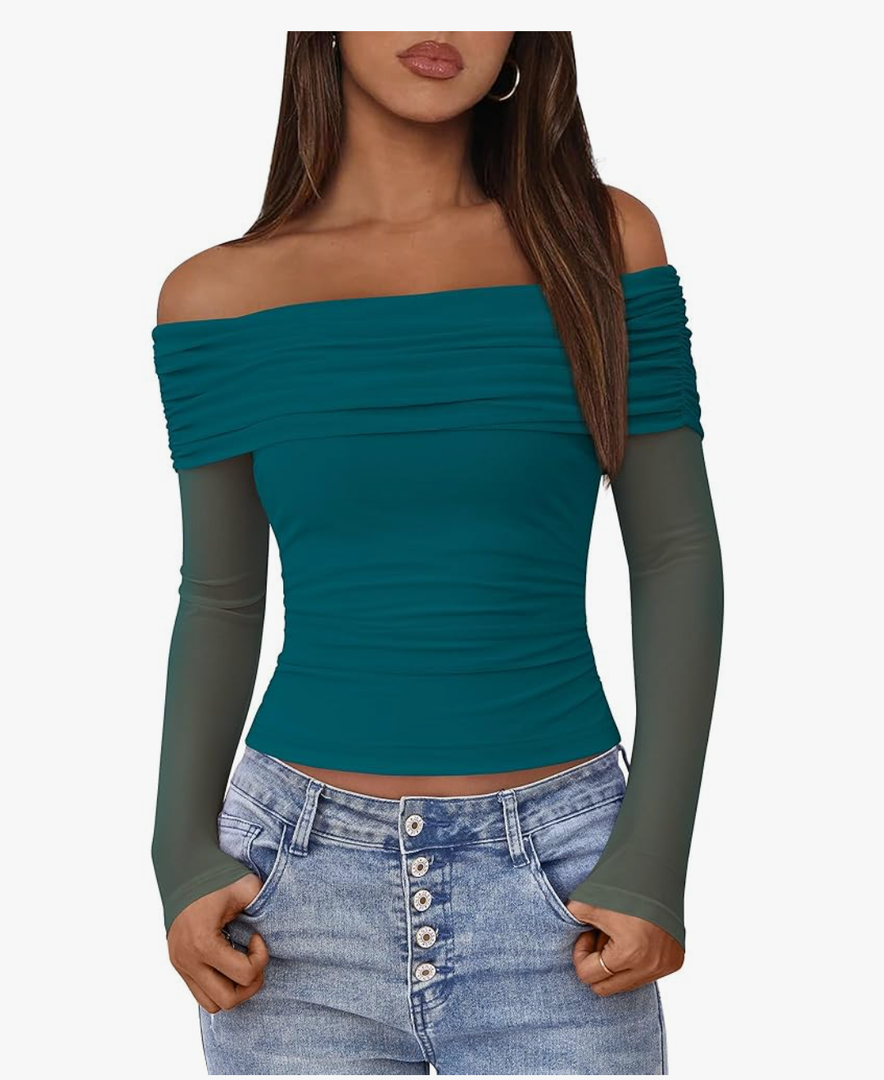 BTFBM Women's Long Sleeve Shirts 2025 Fall Crop Going Out Tops Mesh Ruched Casual Off Shoulder Blouses Y2K Clothes, Size L, Blue Green