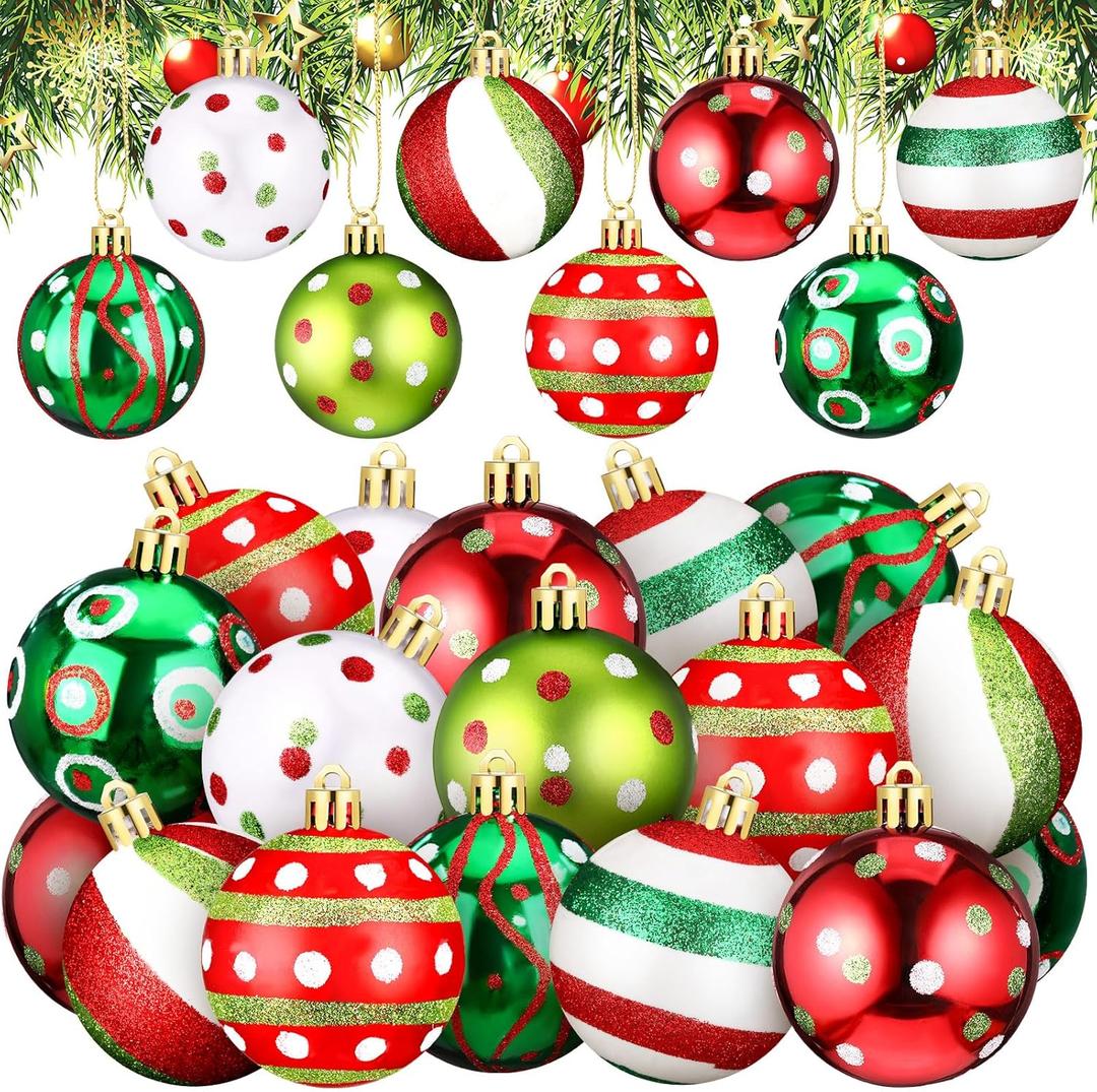 24 Pcs Christmas Ball Ornaments 1.97 Inches Glittering Plastic Hanging Decorations Elf Balls Swirl Candy Cane and Peppermint Hanging Decor for Christmas Tree Ornaments
