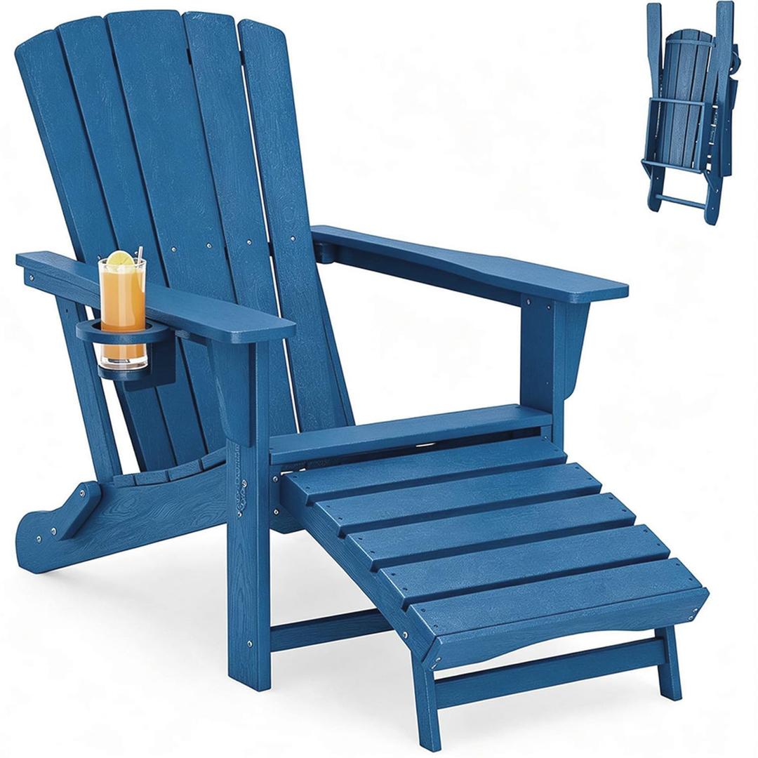 Polyhouz Folding Adirondack Chair with Retractable Ottoman,HDPE Outdoor Adirondack Chair with Cup Holder,All-Weather Lounge Chairs for Outside,Patio,Pool,Fire Pit,Blue