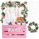 Barydat Wooden Baby Shower Crate Closet, Baby Basket with Handle and Garland Storage Crate Hamper Baby Shower Wooden Gift Crate Letters Self Adhesive for Pregnancy New Parent (Pink)
