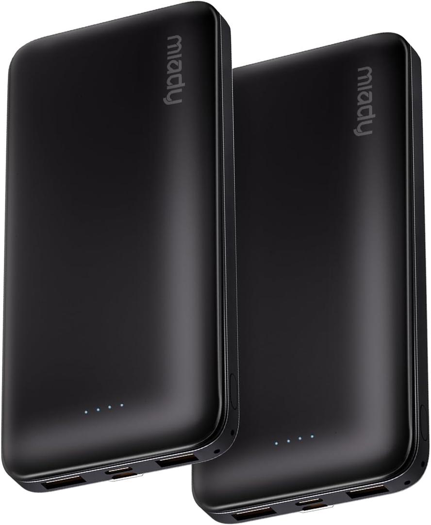Miady 2-Pack Portable Charger, Slim 10000mAh Power Bank Travel Battery Pack | Dual USB丨3 Outputs 2 Inputs丨for Backpack Travel Camping丨Slim丨Compatible with iPhone Android etc丨Flight-Safe丨37Wh丨Black+Black