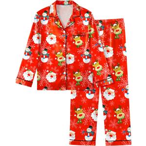 Sylfairy Satin Pajamas for Girls Silky Button-Down Sleepwear Unicorn Nightwear Loungewear PJS Clothes Set Gifts for Kids (5-6 Years, Father Christmas)