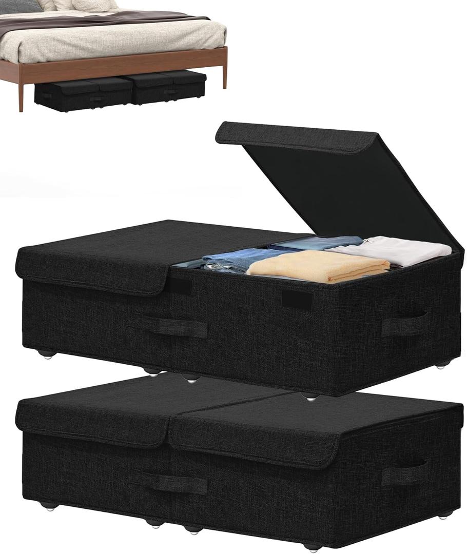 Under Bed Storage Container with Wheels, 2 Pack 5.5" High Deep Underbed Rolling Box Storage Bins Drawers with Lids for Bedroom, Dorms, Clothes, Shoes, Blankets, No Assemble Required, Black (5.5 Inch Height)