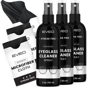 EVEO Eyeglass Cleaner Spray - No Streaks Technology with Microfiber Cleaning Cloth- Glasses Cleaning Kit - Glasses Cleaner Spray with Lens Cleaner Cloth - Screen & Eye Glasses Kit - 3 Pack (6 Piece Set, Black)