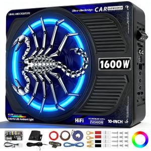 1600W Slim Underseat Car Subwoofer and Amp Package, Powered Car Subwoofer with Built-in Amp, Subsonic Deep Bass, RGB Beat Light, Low Pass/Gain/Bass Boost Control, Truck SUV Car Audio Subwoofer