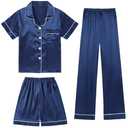 DIPUG Girls Pajamas Set Soft Silk Satin 3 Piece PJs Sleepwear for Comfortable Nights (M, Navy)