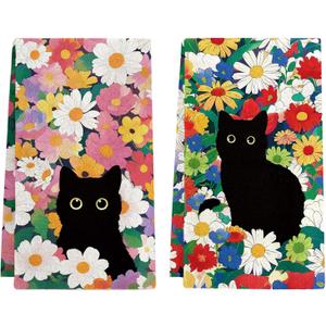 Black Cat Floral Kitchen Towels - Set of 2 Flower Cat Dish Towel for Kitchen Drying, Soft Absorbent Cute Dish Towels Cats Spring, Black Cats Flower Dishes Towel for Home Cooking Housewarming