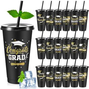 24 Pcs Graduation Cups Class of 2025 Gifts 24 oz Reusable Plastic Tumbler Bulk with Lids and Straws for Graduation Party Favors Decorations(Black)
