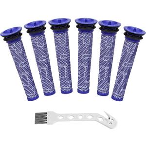 6 Pack Pre Filters Compatible With Dyson V6, V7, V8, DC58, DC59, DC61, DC62 Absolute Animal Cordless Vacuum Cleaners - Replaces Part # 965661-01 - 6 Filters With 1 Brush