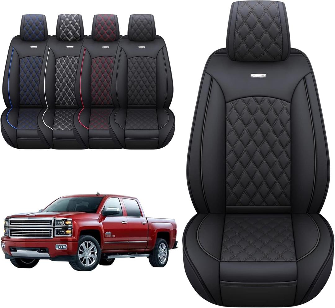 Aierxuan Chevy Silverado GMC Sierra 2 Front Seat Covers Pickup Custom Fit 2007-2025 1500 2500HD 3500HD Crew Double Extended Cab Waterproof Leather Seat Protectors(2 PCS Front, Black)