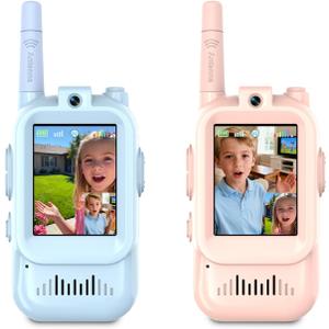 Video Walkie Talkies for Kids, 2 Pack Rechargeable Kids Walkie Talkies, Screen Display and Voice Changer, Indoor Outdoor for Boys and Girls, Age 3-12 (Blue & Pink)