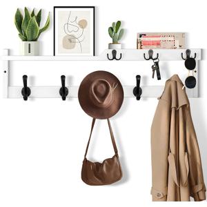 29'' Coat Rack Wall Mount with Shelf, Coat Hanger Wall Mount with Key Hooks and Mail Holder, Wood Entryway Floating Shelf with Hooks and Storage, Hat Rack for Wall Key Holder Mail Organizer (29 Inch Long, White)