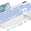 Wireless Keyboard and Mouse Combo with 7 Colored Backlits, Wrist Rest, Rechargeable Ergonomic Keyboard with Phone Holder, Silent Lighted Full Size Combo for Windows, Mac, PC, Laptop-Trueque (White)