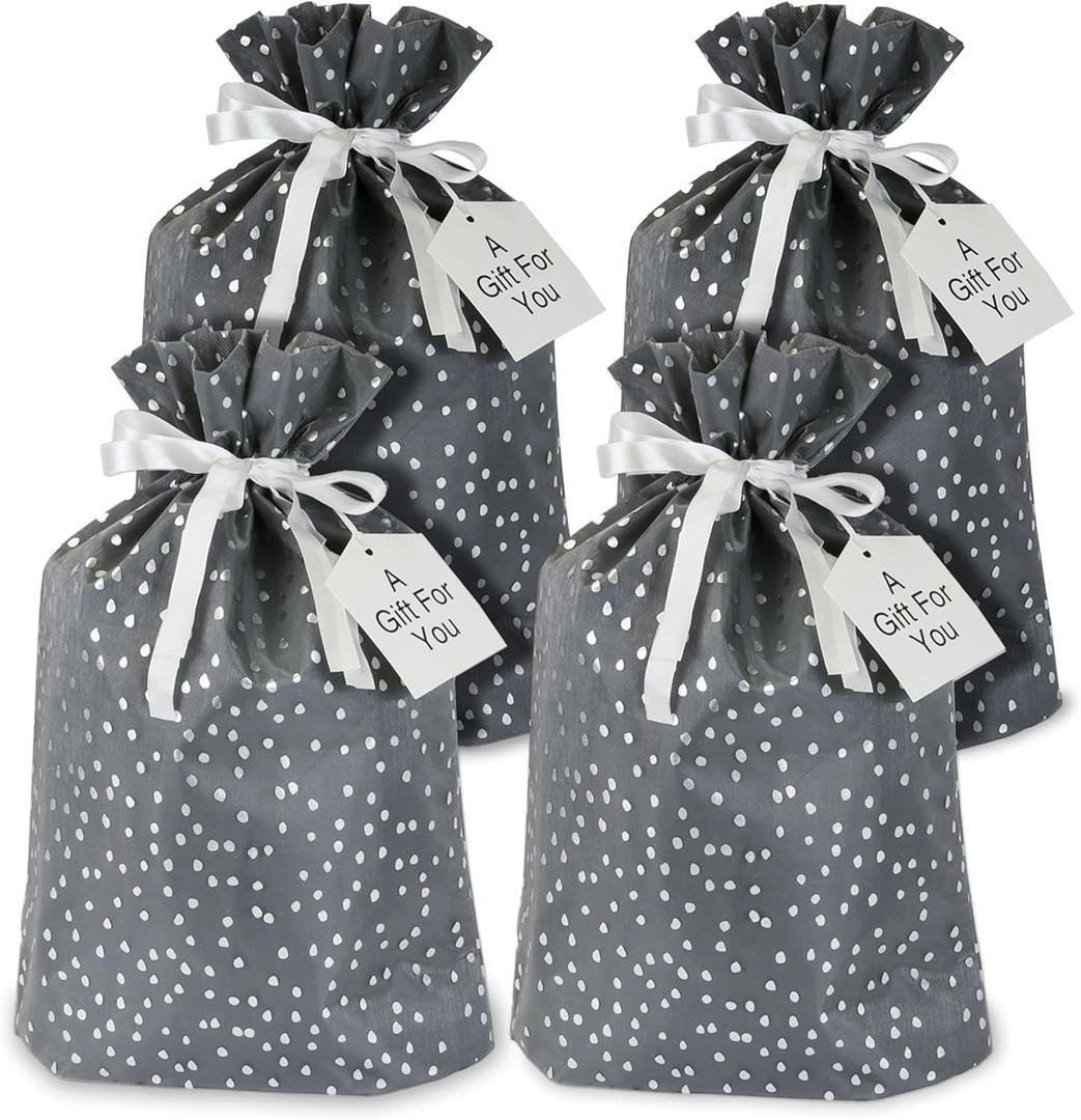 Premo Pack: Dazzling Fabric Gift Bags - Luxury Gray & Silver Sparkle- w/White Ribbon Drawstring and Gift Tags (Set of 4) 13" x 18"